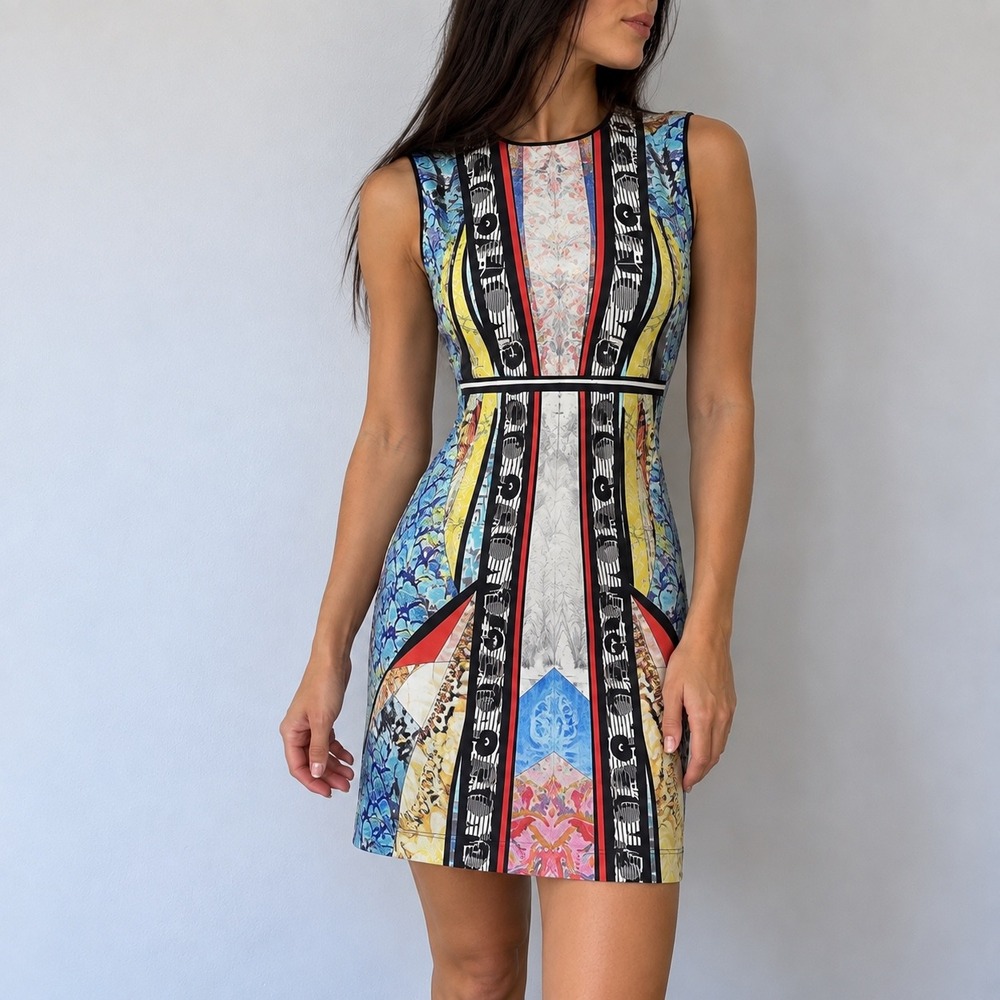 Clover Canyon Multicolor Graphic Neoprene Sheath Dress XS Y2K Maximalist Art